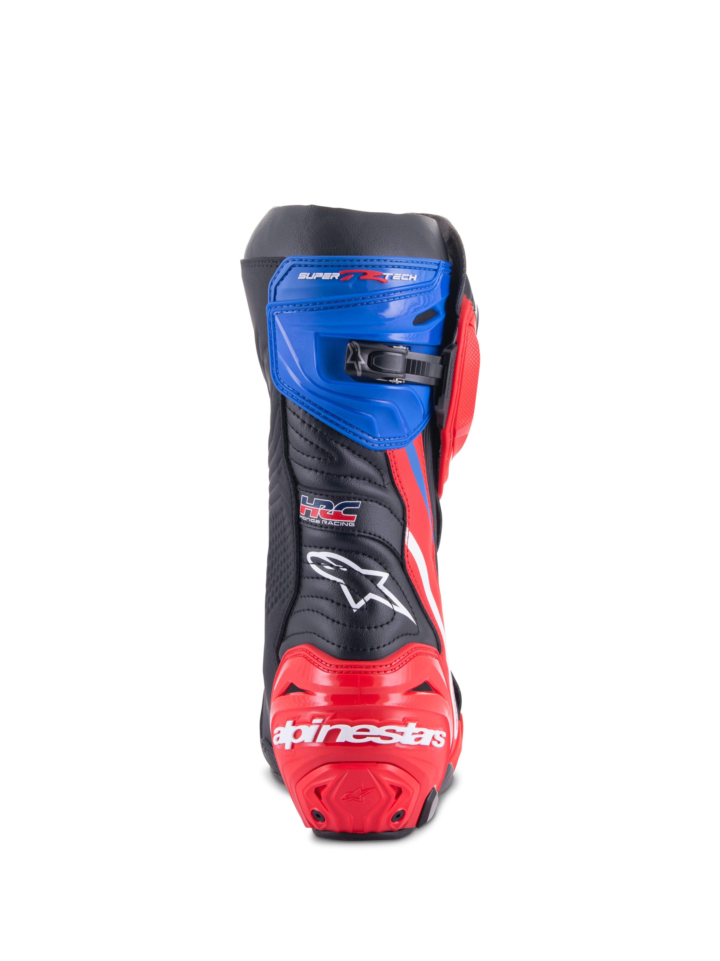 Alpinestars Honda Supertech R Boots, Motorcycle Racing Boots, Black Bright Red and Blue, rear view featuring a red reinforced heel with white branding, blue upper gaiter with micro-adjustable ratchet closure, and HRC logo on the back