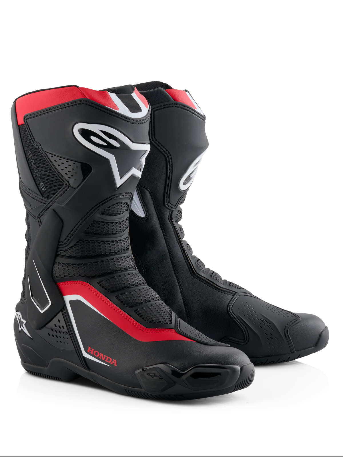 Alpinestars Honda SMX-6 V3 Boots, Performance Motorcycle Boots, Black Bright Red and White, featuring TPU shin and ankle protection, ventilated mesh panels, and modern aerodynamic profile with Honda branding.