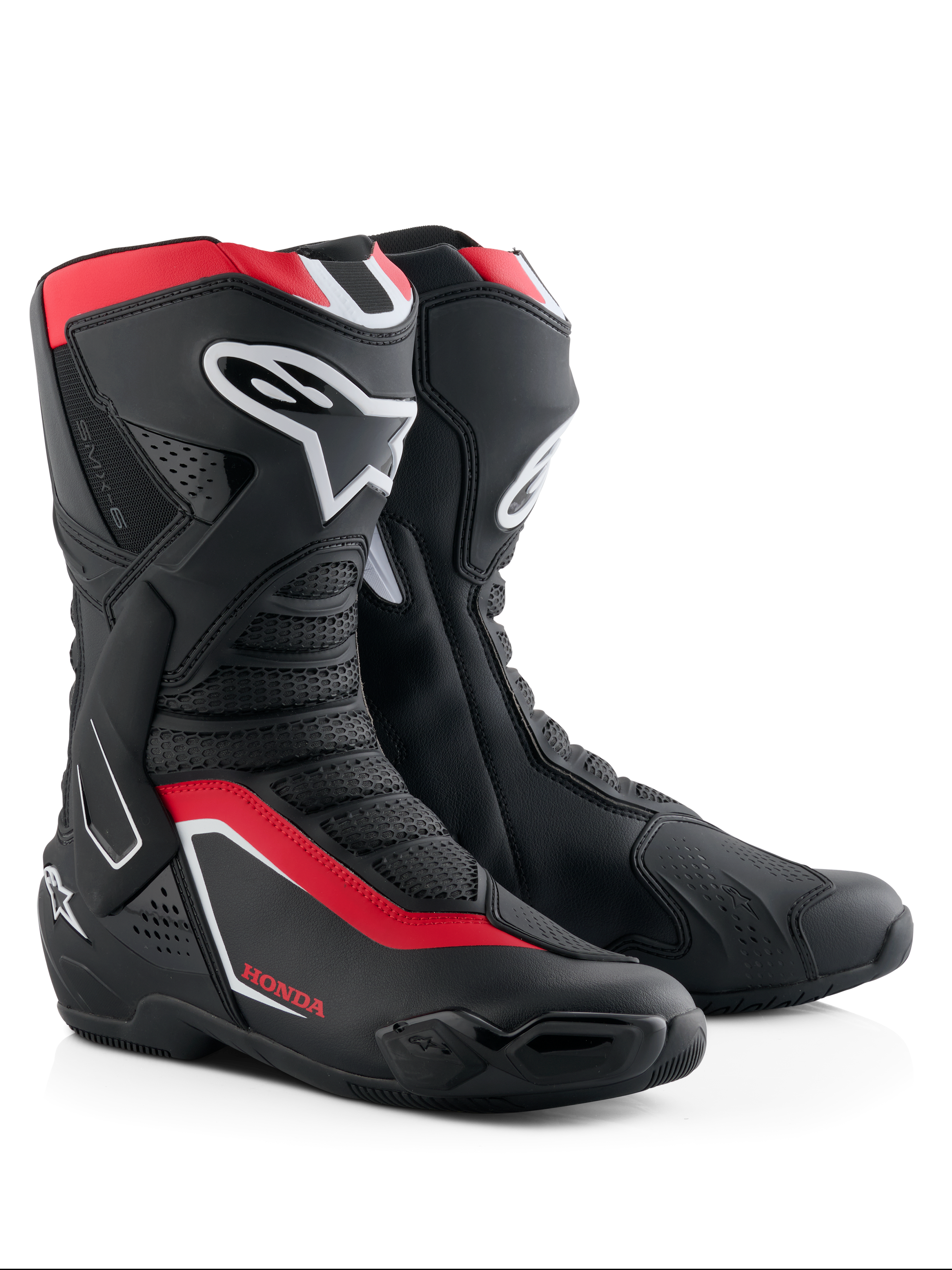 Alpinestars Honda SMX-6 V3 Boots, Performance Motorcycle Boots, Black Bright Red and White, featuring TPU shin and ankle protection, ventilated mesh panels, and modern aerodynamic profile with Honda branding.