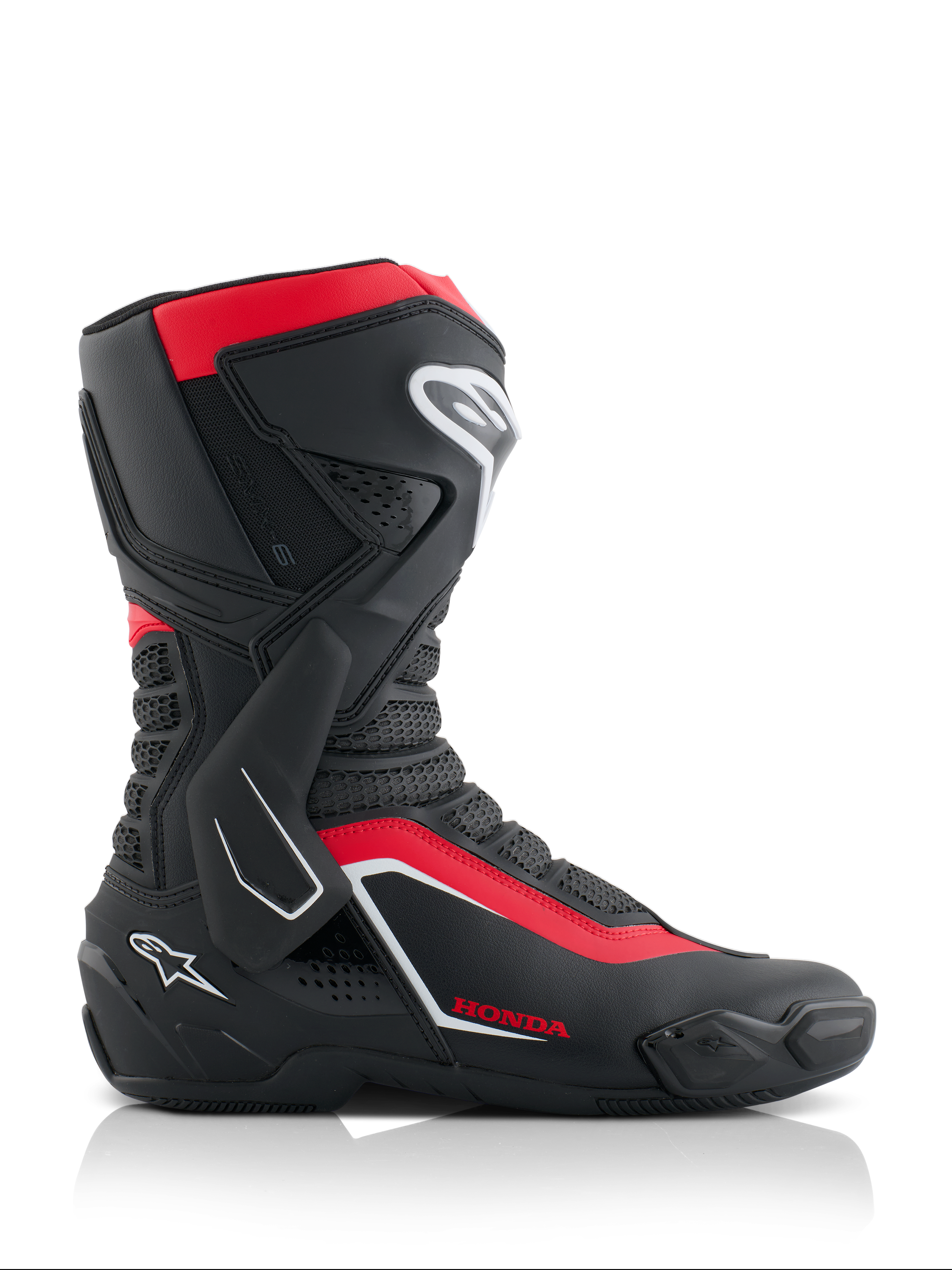 Alpinestars Honda SMX-6 V3 Boots, Performance Riding Boots, Black Bright Red and White, side view featuring microfiber construction with TPU protection, lateral ankle brace, and Honda branding, professional motorcycle racing and road gear
