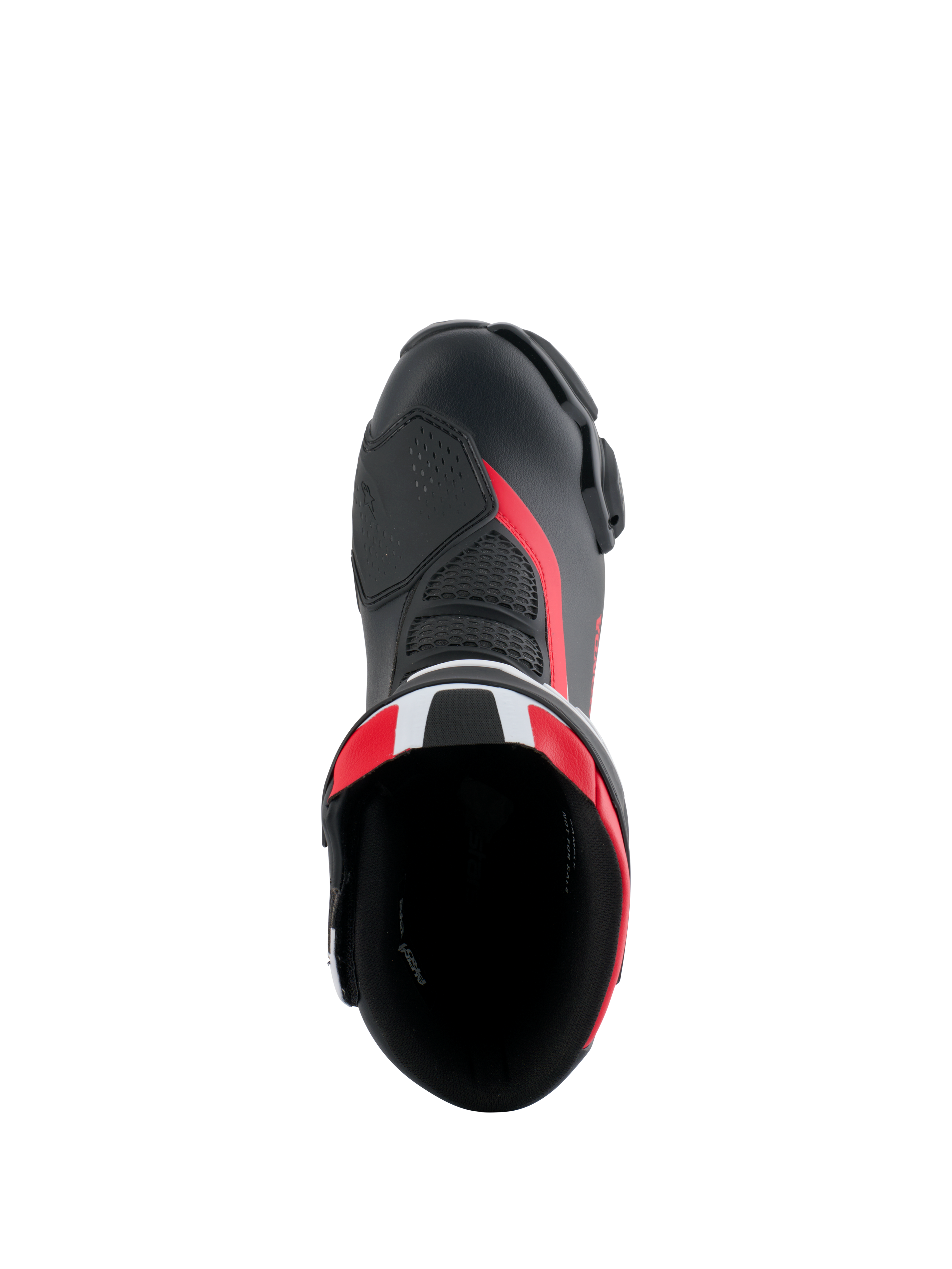 Alpinestars Honda SMX-6 V3 Boots, Performance Motorcycle Boots, Black Bright Red and White, top-down view looking into the boot opening, featuring microfiber upper with mesh detailing and red accents, sleek aerodynamic design for track and street riding