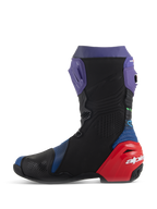 Alpinestars Supertech R LE Martinator R01 Vented Boots, Racing Motorcycle Boots, Blue Purple Red and Black, side profile view featuring perforated microfiber, purple shin plate, and red heel protector with white branding.