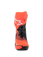 Alpinestars Supertech R Vented MM93 Replica Boots, Racing Motorcycle Boots, Red Fluo Dark Blue and Black, front view showing mesh ventilation, white Alpinestars logo, and durable microfiber construction