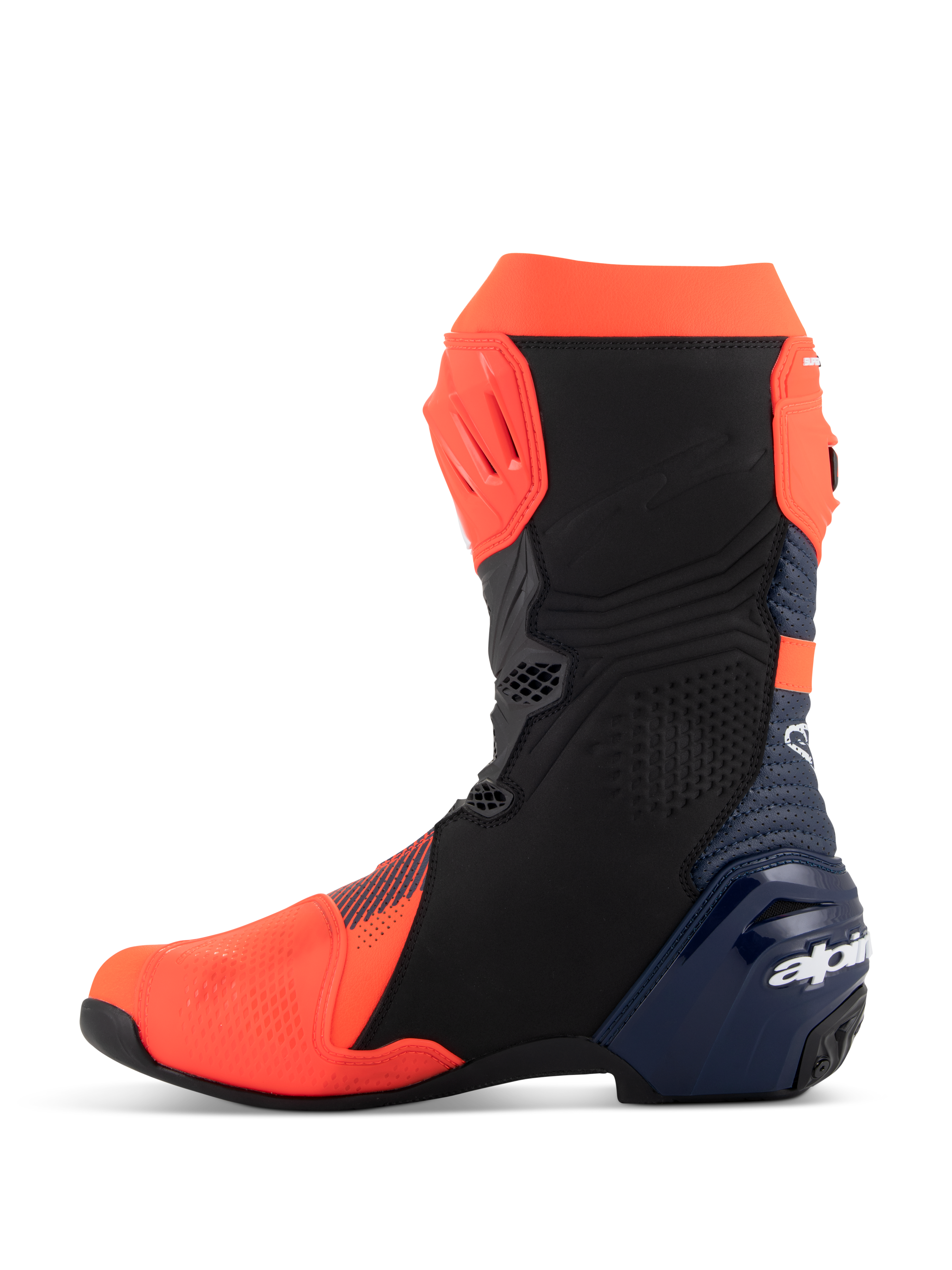 Alpinestars Supertech R Vented MM93 Replica Boots, Motorcycle Racing Boots, Red Fluo Dark Blue and Black, medial side profile view, featuring perforated microfiber upper, TPU protection plates, and sleek performance design.