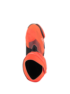 Alpinestars Supertech R Vented MM93 Replica Boots, high-performance motorcycle racing boots, Red Fluo and Dark Blue, top-down view showing the opening and inner bootie structure, perforated microfiber upper with Marc Márquez signature graphics