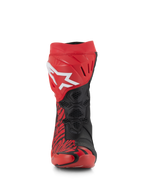 Alpinestars Supertech R LE Pecco Bagnaia Vented Boots, Red and Black racing boots, front view, featuring a large white Alpinestars logo on the red shin plate, black perforated mesh zones for maximum airflow, and bold red and black graphic patterns.