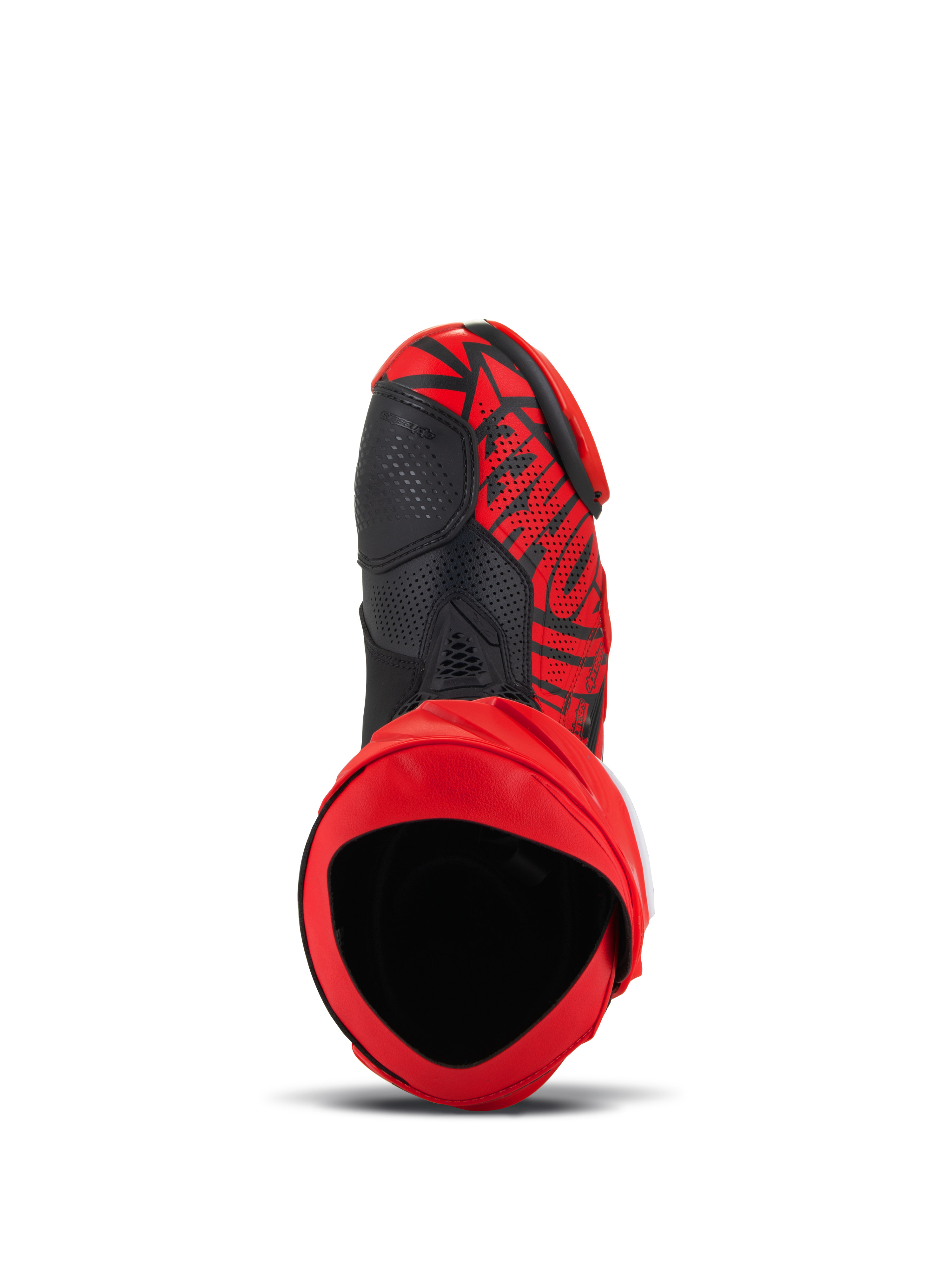 Alpinestars Supertech R LE Pecco Bagnaia Vented Boots, Red and Black, top-down view showing interior opening and perforated microfiber upper, bold graphic design with black accents, professional motorcycle racing gear