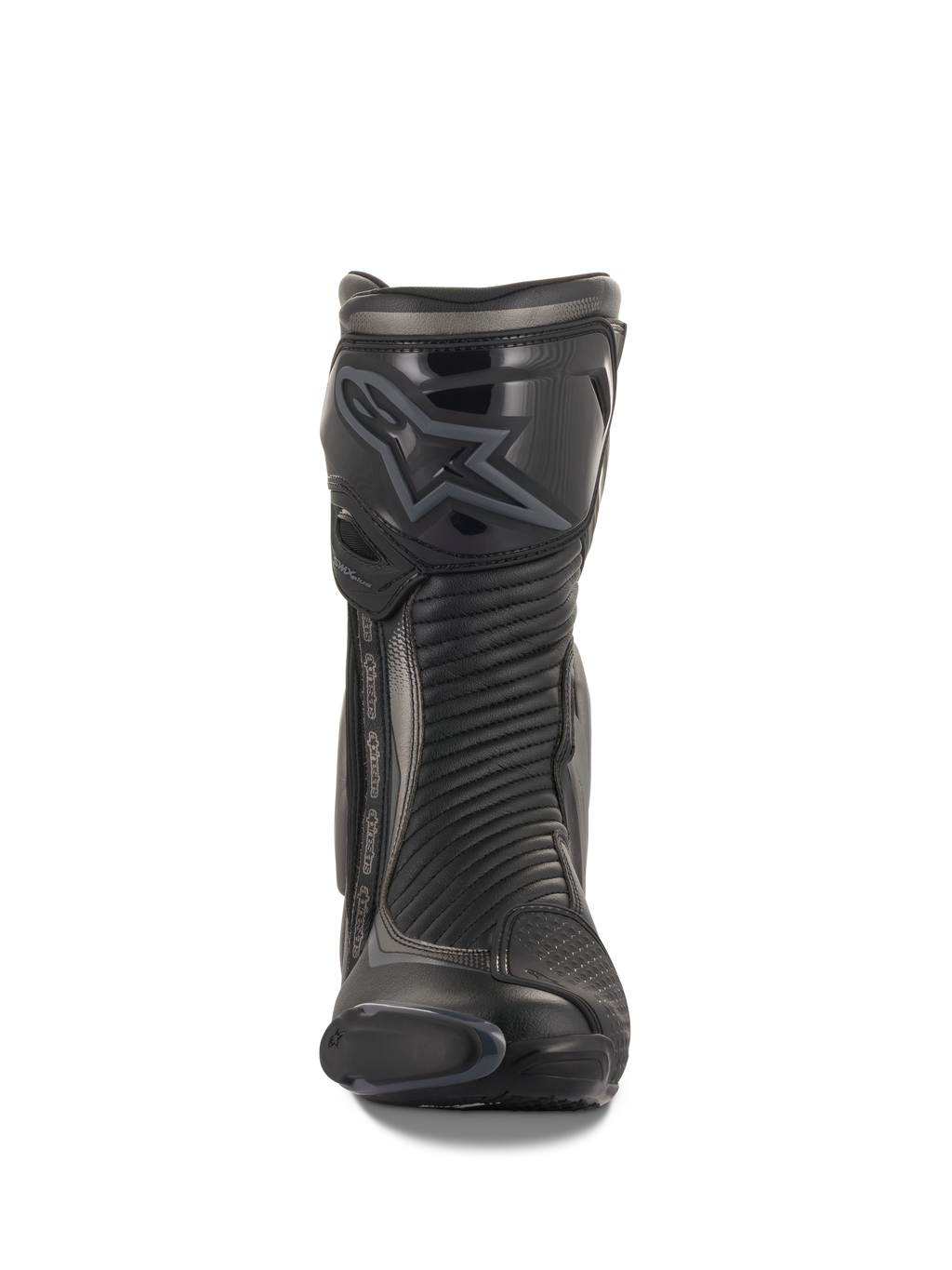 Alpinestars SMX Plus V2 Boots, Racing and Sport Motorcycle Boots, Black and Dark Gray, front view featuring a contoured TPU shin protector with Alpinestars logo, accordion flex panels for movement, and a sleek aerodynamic profile for performance riding.