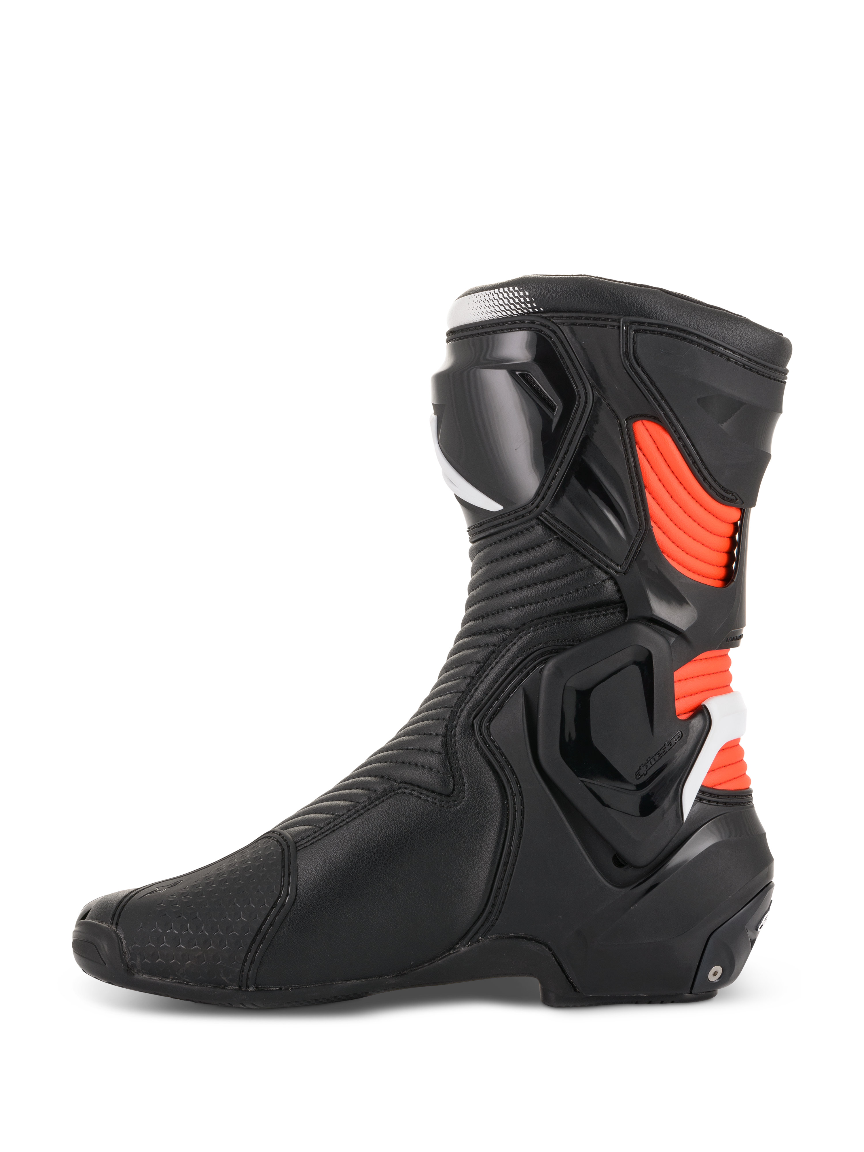 Alpinestars SMX Plus V2 Boots, Motorcycle Racing Boots, Men's, Black and Red Fluorescent, side profile with TPU protectors.