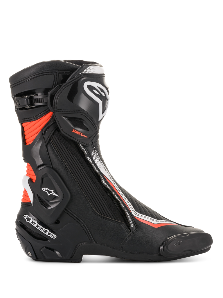 Alpinestars SMX Plus V2 Boots, Men's Motorcycle Racing Boots, Black, White and Red Fluorescent, featuring Multi-Link Control ankle protection and durable microfiber construction.