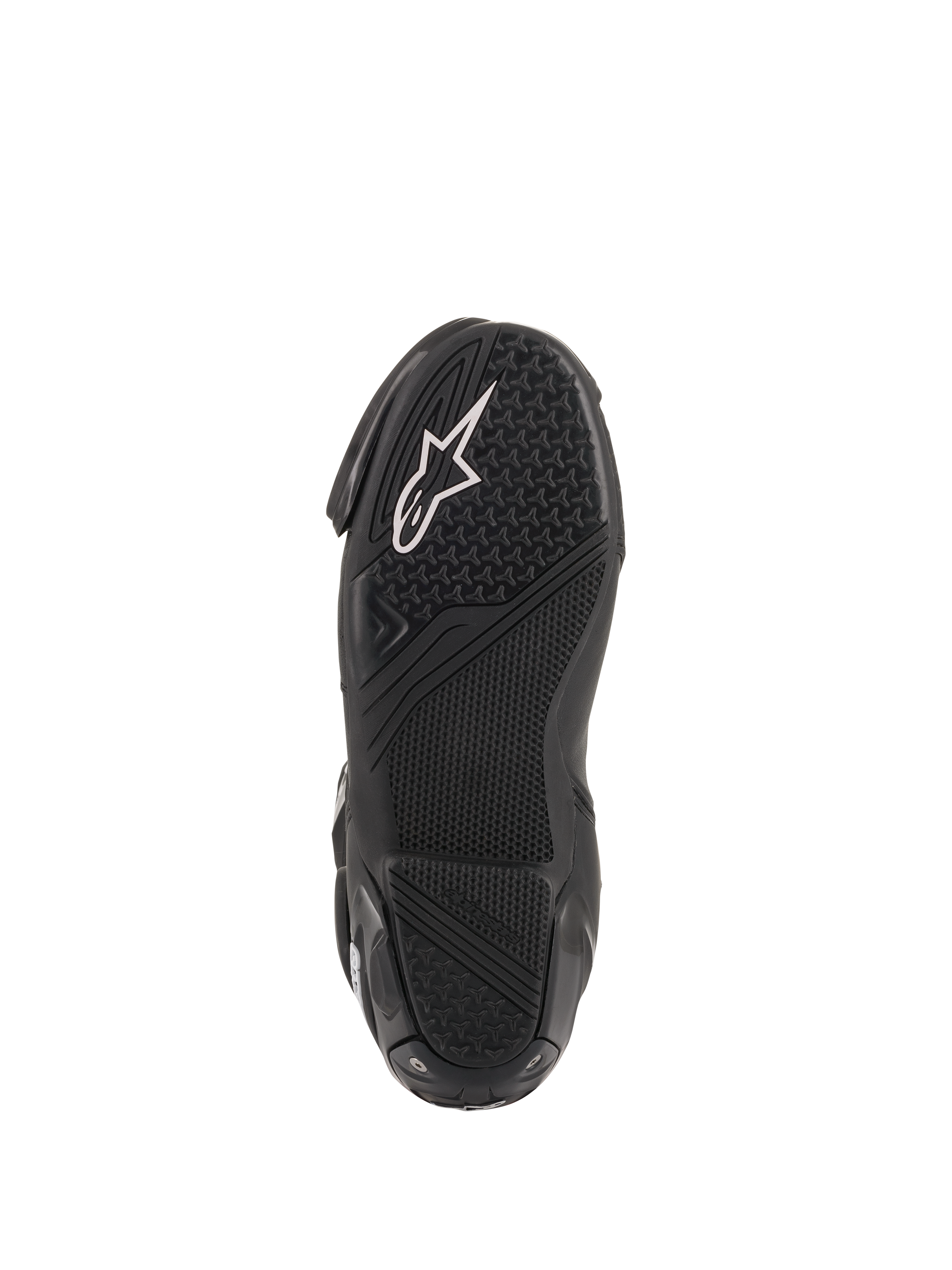 Alpinestars SMX Plus V2 racing boots featuring a black textured rubber sole with a white logo and high-grip pattern.