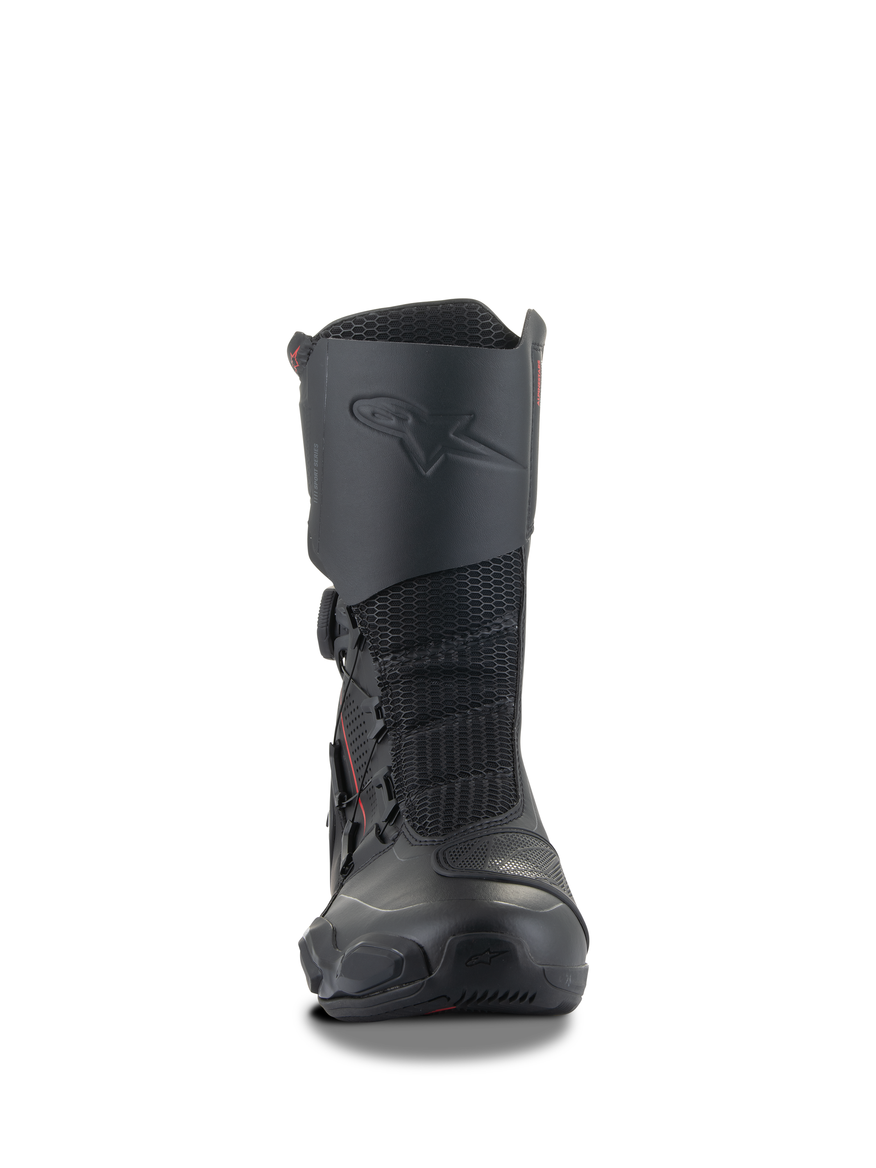 Alpinestars SP-X BOA® Boots, Black Motorcycle Sport Boots, mid-height design with integrated shin protector, mesh flex panels, and side BOA closure system, sleek ergonomic profile for sport touring