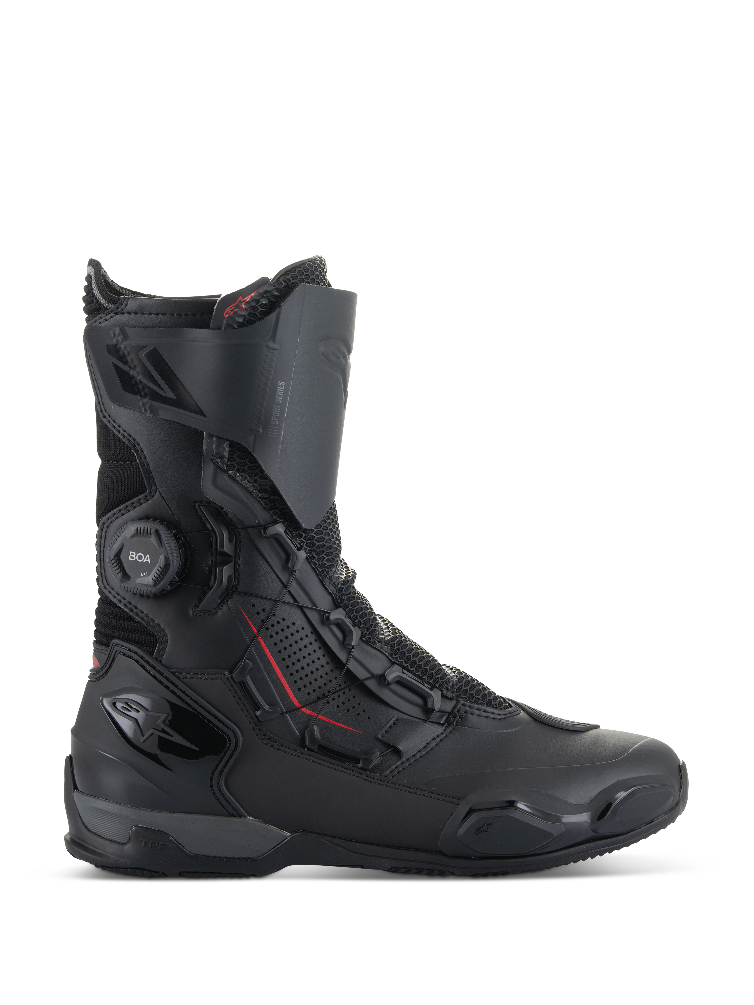 Alpinestars SP-X BOA® Boots, Motorcycle Sport Boots, Black with red accents, BOA® Fit System dial, mid-height construction with microfiber and mesh panels, TPU heel and toe protection, sleek road riding design
