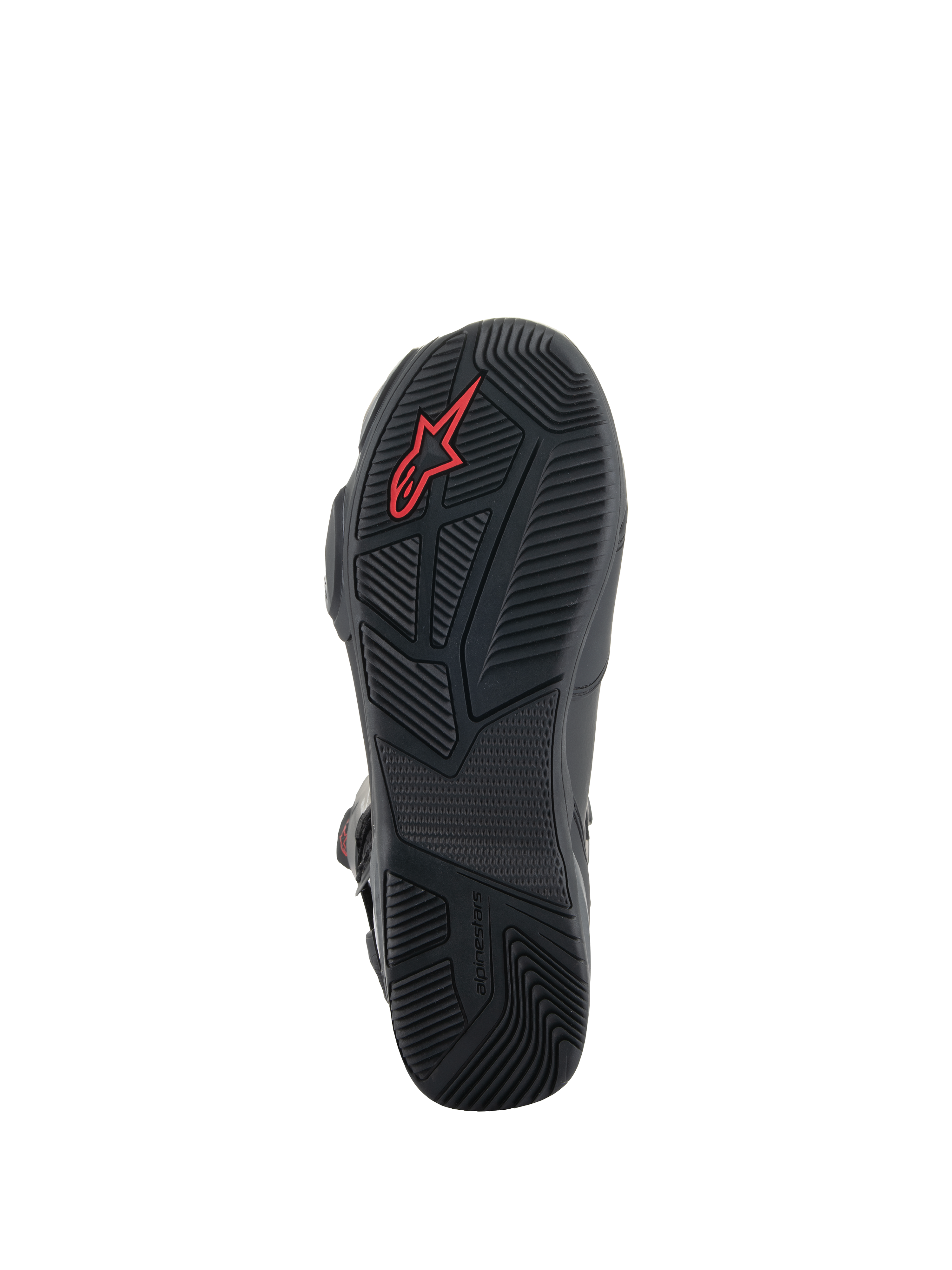 Alpinestars SP-X BOA® Boots, Black motorcycle boots, detailed view of the rubber sole featuring textured grip patterns, red Alpinestars logo, and asymmetric heel design for walking stability.