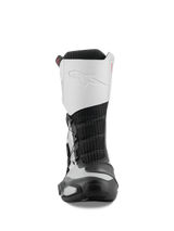 Alpinestars SP-X BOA Boots, front view, Black and Silver, mid-height sport motorcycle boots featuring a white microfiber upper with embossed logo, black mesh center, and protective TPU components