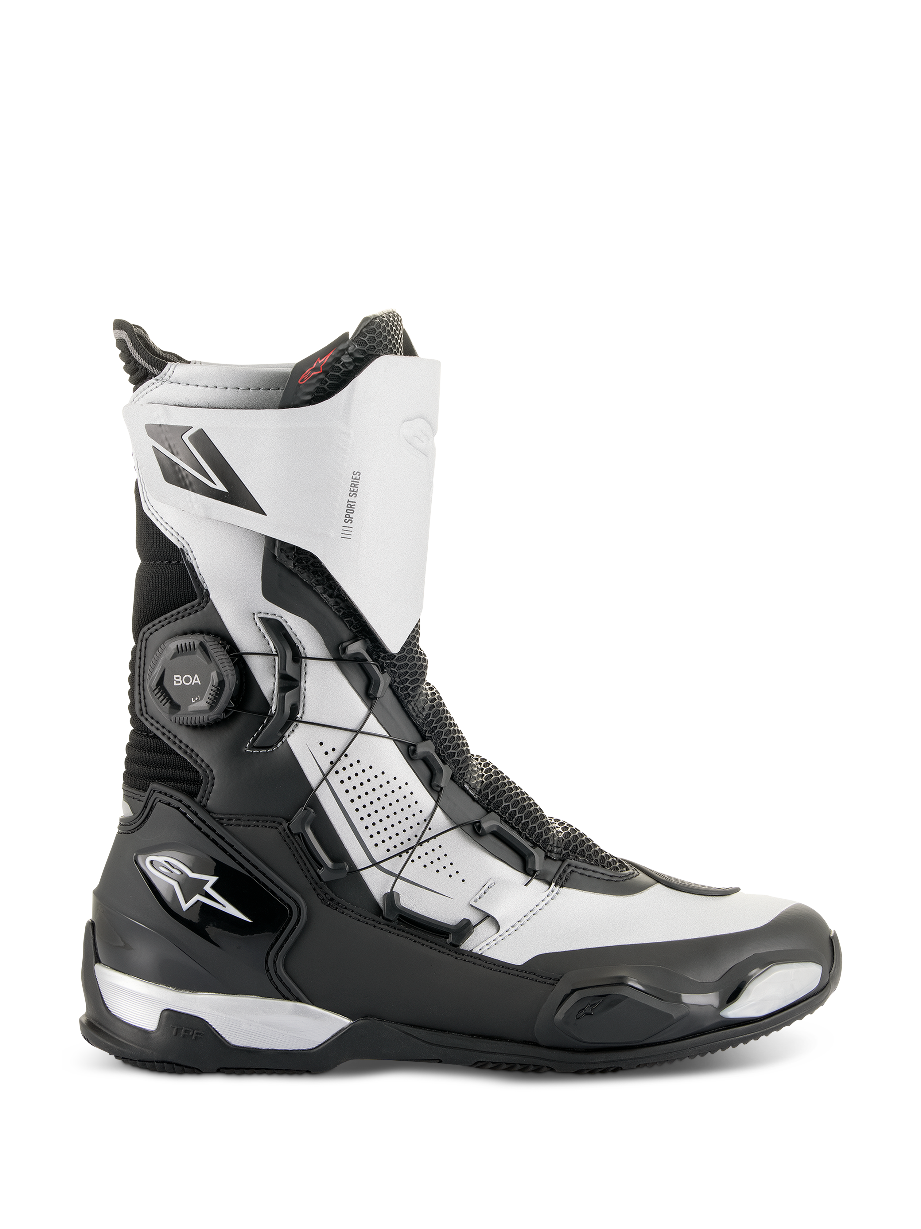 Alpinestars SP-X BOA® Boots, mid-height motorcycle sport boots, Black and Silver, featuring the side-mounted BOA Fit System, TPU protection, and breathable Rideknit material, sleek design for sport touring riding