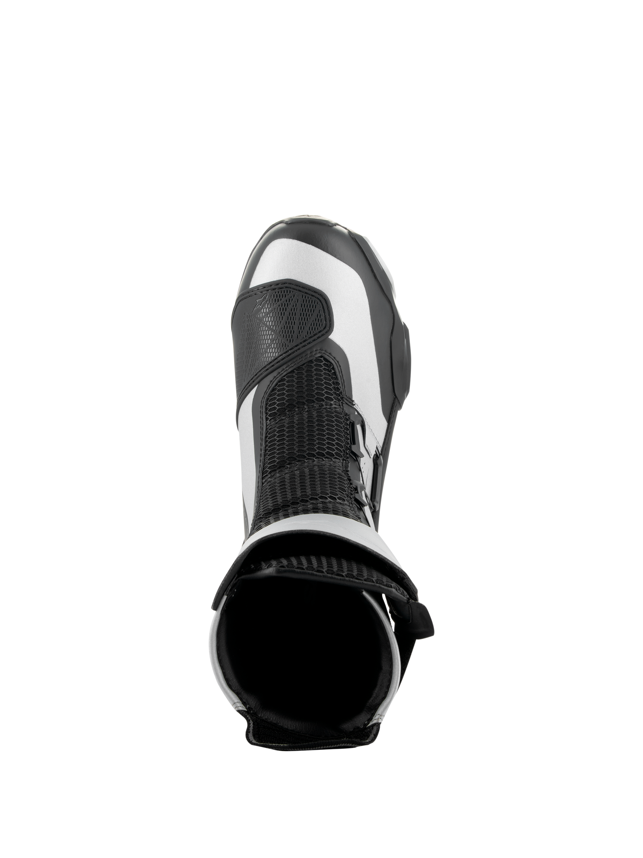 Alpinestars SP-X BOA Boots, Black and Silver, overhead view showing the top opening and mesh tongue, sleek mid-height sport motorcycle boots with advanced microfiber and Rideknit construction