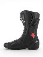 Alpinestars SMX-6 V2 Vented Boots, black motorcycle racing boot with gray and fluorescent red details, breathable mesh panels and protective ankle and shin guards
