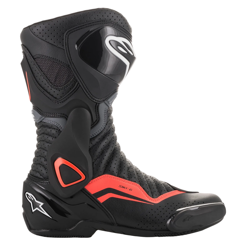 Alpinestars Smx-6 V2 Vented Boots, Black and Red Fluorescent, CE Certified motorcycle racing boots with breathable microfiber.