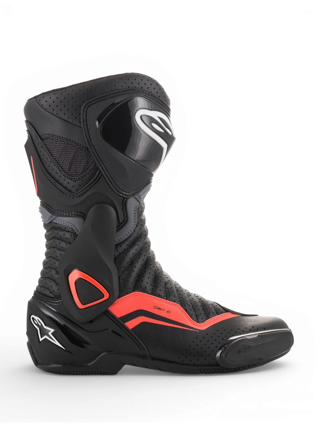 Alpinestars SMX-6 V2 Vented Boots, black and gray motorcycle racing boot with fluorescent red accents, perforated ventilation and protective ankle and shin panels