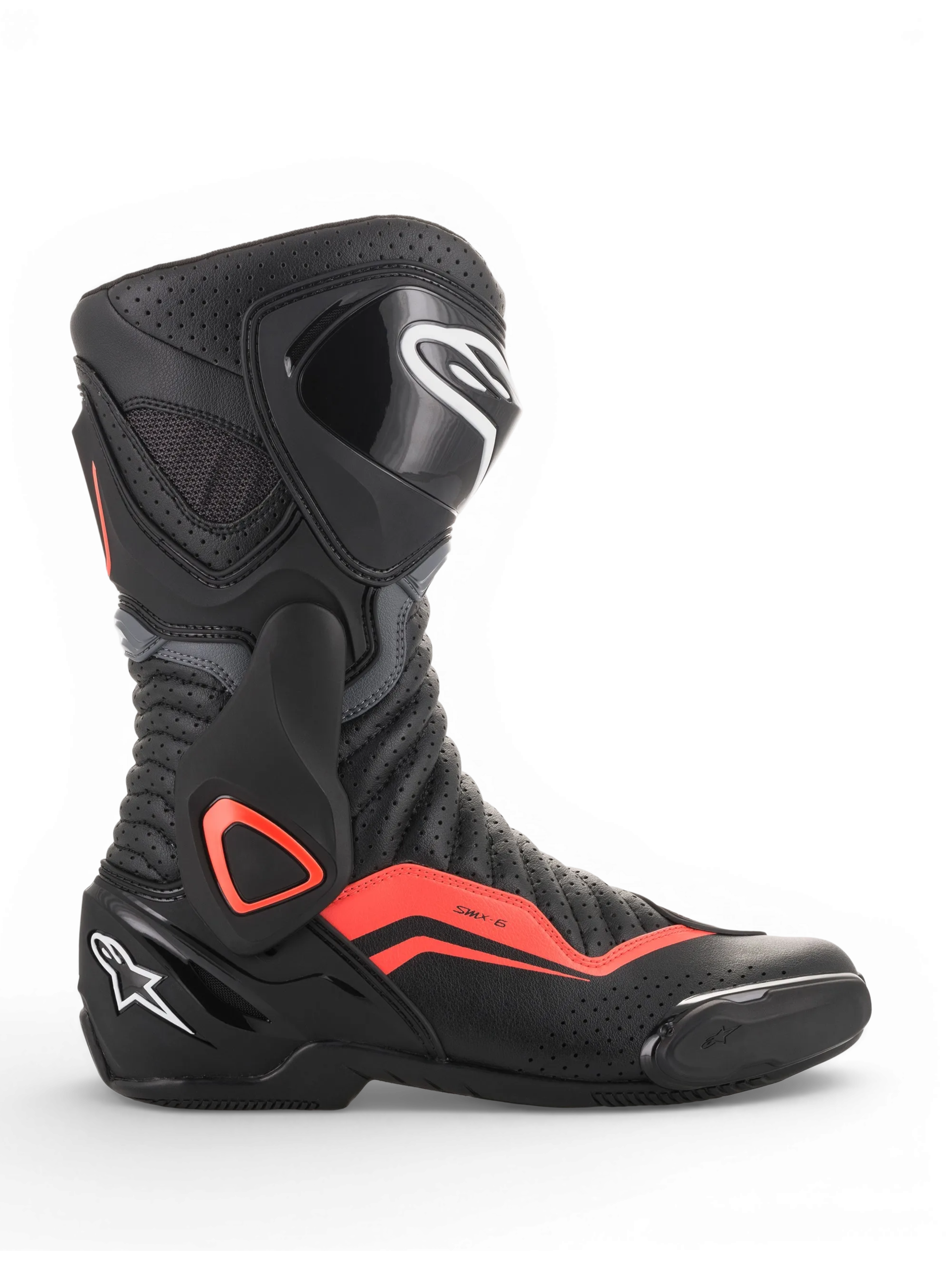 Alpinestars SMX-6 V2 Vented Boots, black and gray motorcycle racing boot with fluorescent red accents, perforated ventilation and protective ankle and shin panels