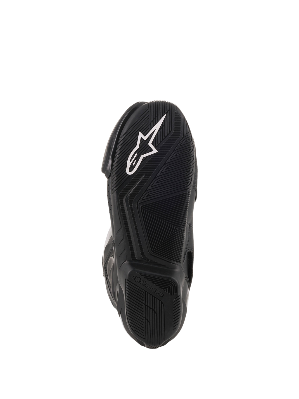 Alpinestars SMX-6 V2 Vented Boots, black motorcycle racing boots, close-up of textured rubber outsole with white Alpinestars logo
