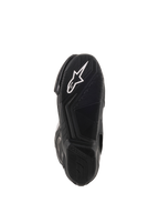 Alpinestars SMX-6 V2 Vented Boots, black motorcycle racing boots, close-up of textured rubber outsole with white Alpinestars logo