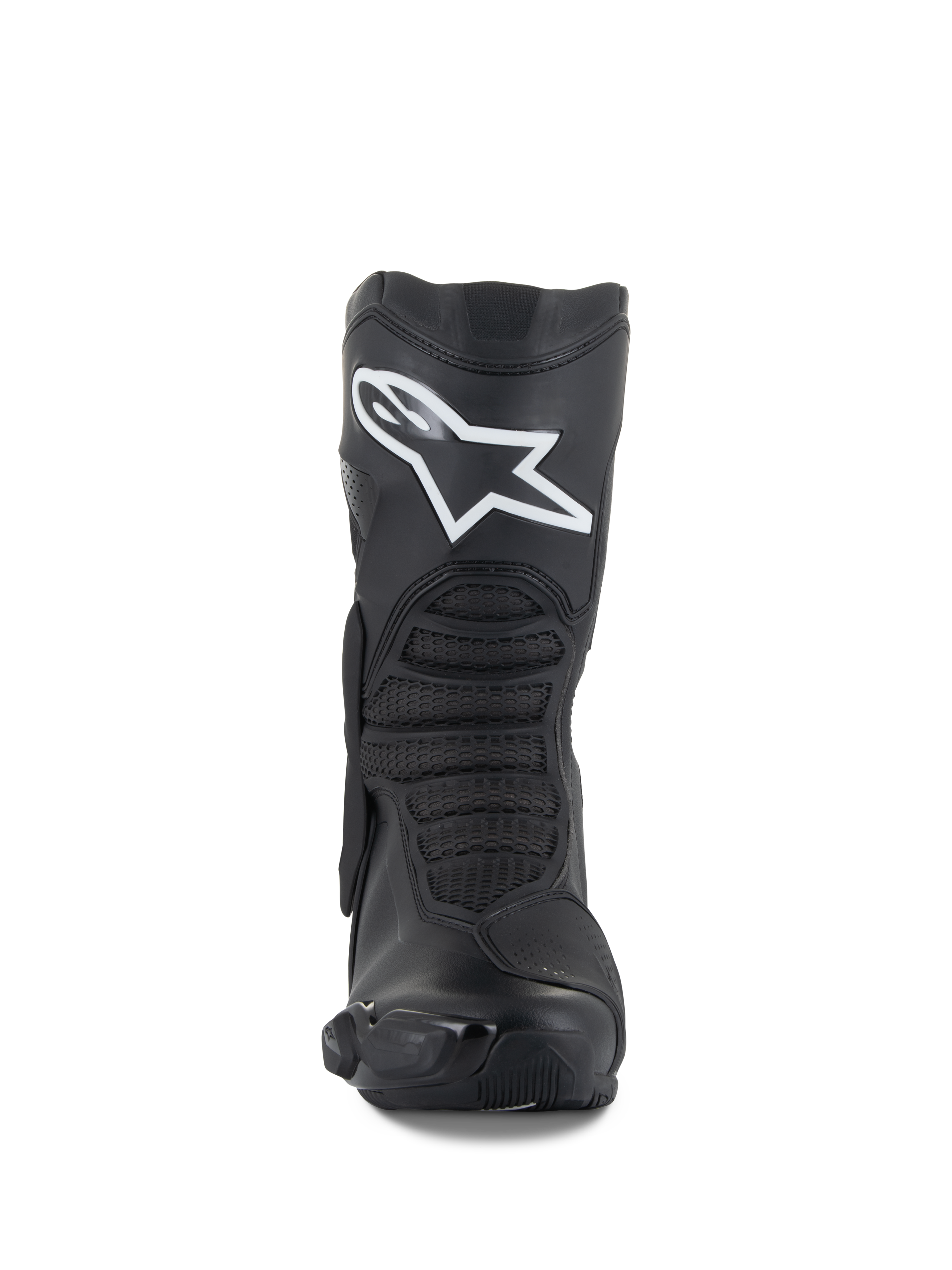 Alpinestars SMX-6 V3 Boots, Black, performance motorcycle riding boots, front view featuring a prominent white Astar logo on the shin, textured front flex zones, and sleek TPU protective elements.