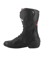 Alpinestars SMX-6 V3 Boots, Motorcycle Performance Boots, Black with Red Fluo accents, side profile view highlighting the microfiber construction, TPU protective panels, and sleek ergonomic design for track and street riding