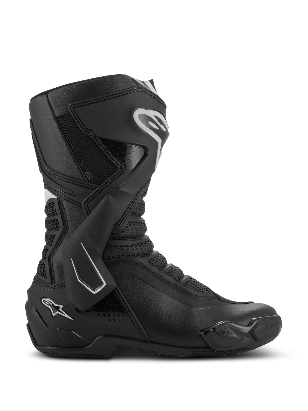 Alpinestars SMX-6 V3 Boots, Performance Motorcycle Riding Boots, Black with white accents, lateral profile view featuring a TPU ankle brace system, textured mesh flexion zones, and reinforced heel and toe components for track and street performance.