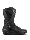 Alpinestars SMX-6 V3 Boots, Performance Motorcycle Riding Boots, Black with white accents, lateral profile view featuring a TPU ankle brace system, textured mesh flexion zones, and reinforced heel and toe components for track and street performance.
