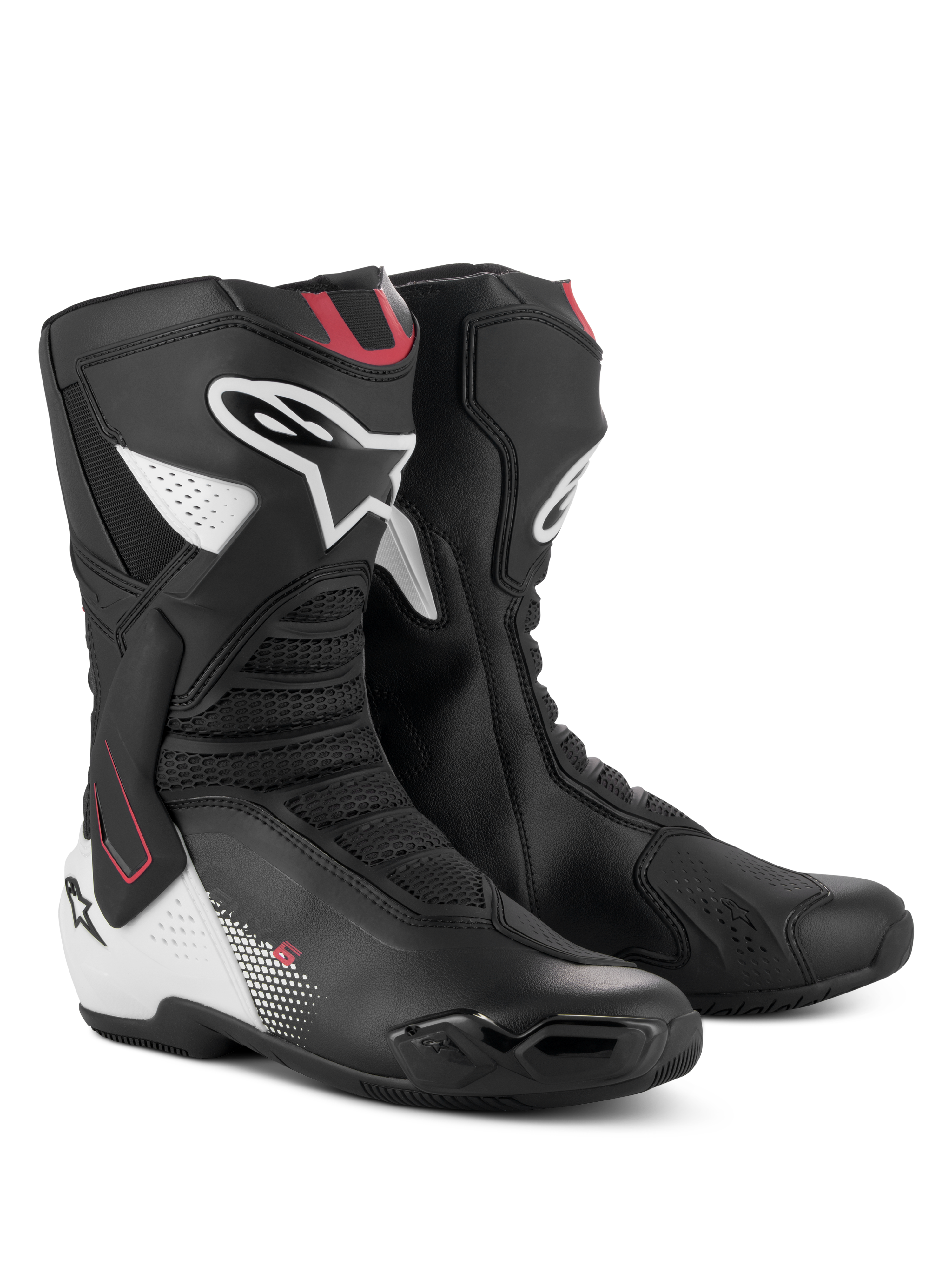 Alpinestars SMX-6 V3 Boots, Performance Motorcycle Riding Boots, Black White Red Graphic, featuring advanced microfiber upper, TPU ankle brace system, mesh flexion zones, and prominent Alpinestars branding on the calf and heel.