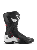 Alpinestars SMX-6 V3 Boots, Performance Motorcycle Racing Boots, Black White and Red, side profile featuring TPU lateral ankle brace, reinforced shin and heel protection, perforated mesh flex zones, and replaceable toe sliders for track and street riding