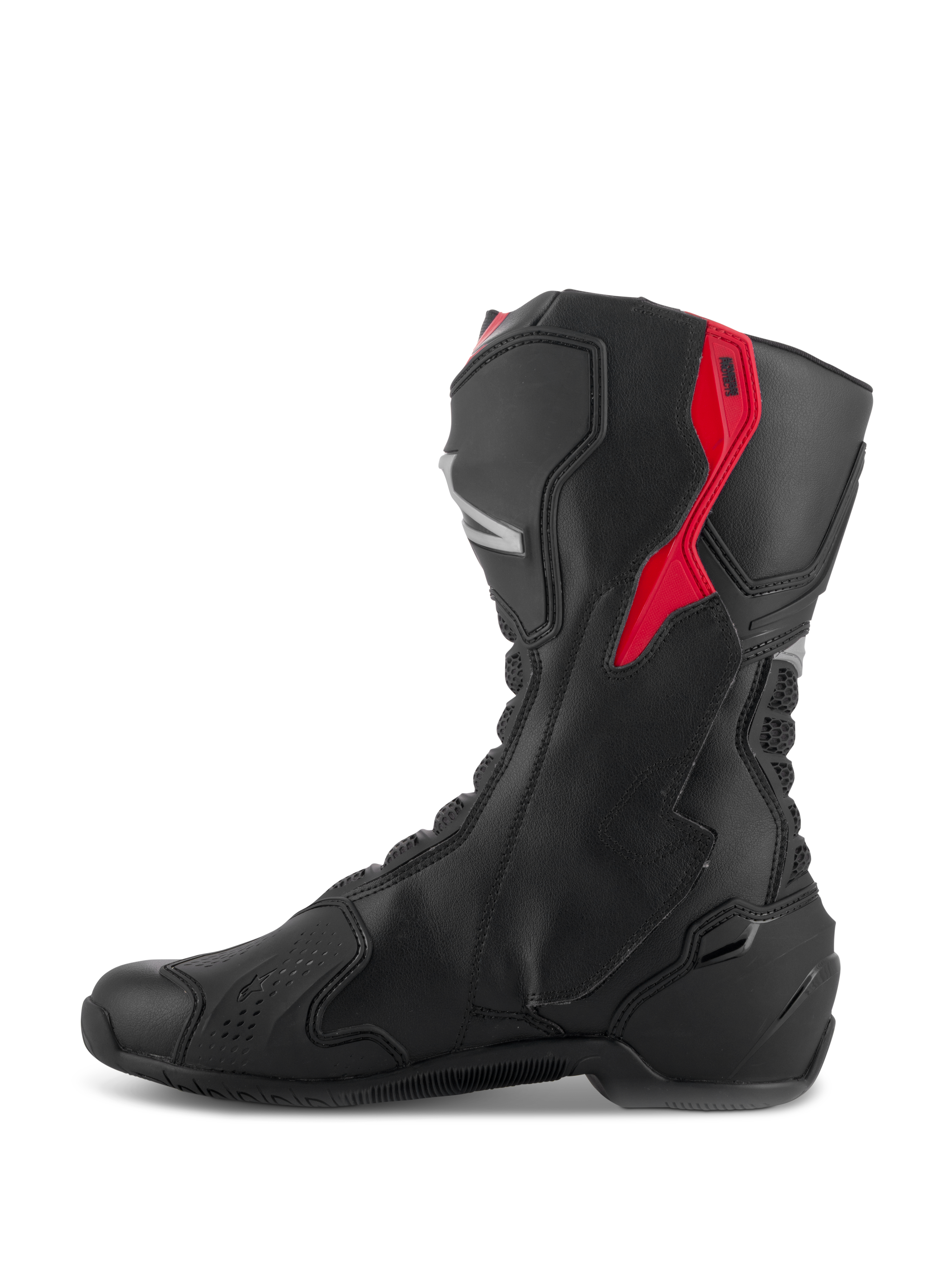 Alpinestars SMX-6 V3 Boots, Performance Riding Boots, Black with Red and Silver accents, side profile view showing microfiber construction and protective TPU panels, race-derived design for track and street performance
