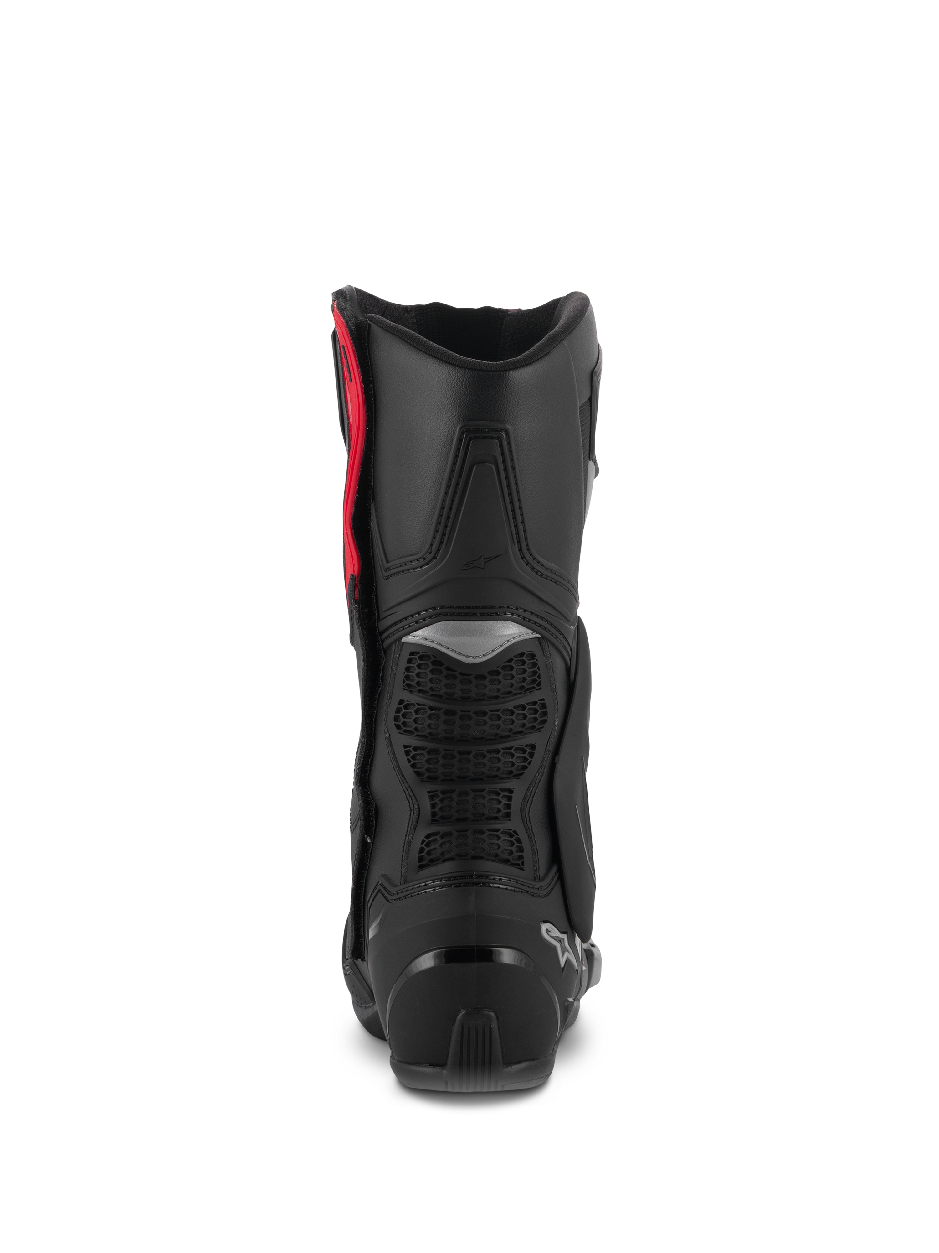 Alpinestars SMX-6 V3 Boots, Performance Riding Boots, Black Silver Red, Rear view showing the TPU calf protector, mesh flex zones, and heel reinforcement, high-performance protective footwear