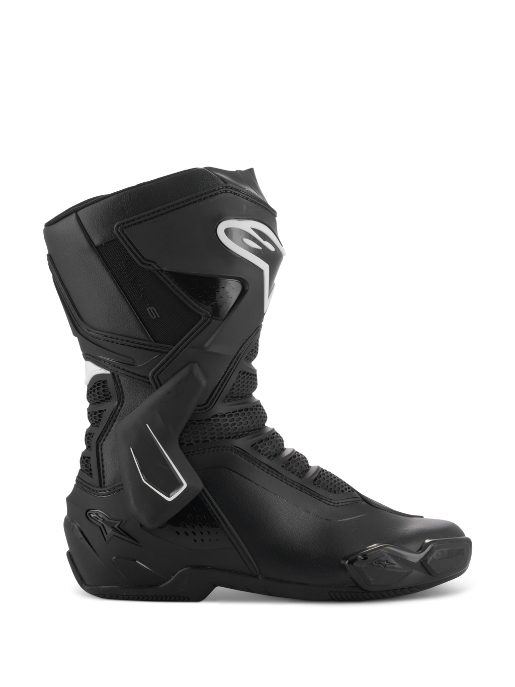Alpinestars Stella SMX-6 V3 Boots, Women's Motorcycle Racing Boots, Black and White, side profile view featuring TPU ankle brace and shin protectors, breathable mesh panels, white Alpinestars logo on the front, engineered for track and street performance