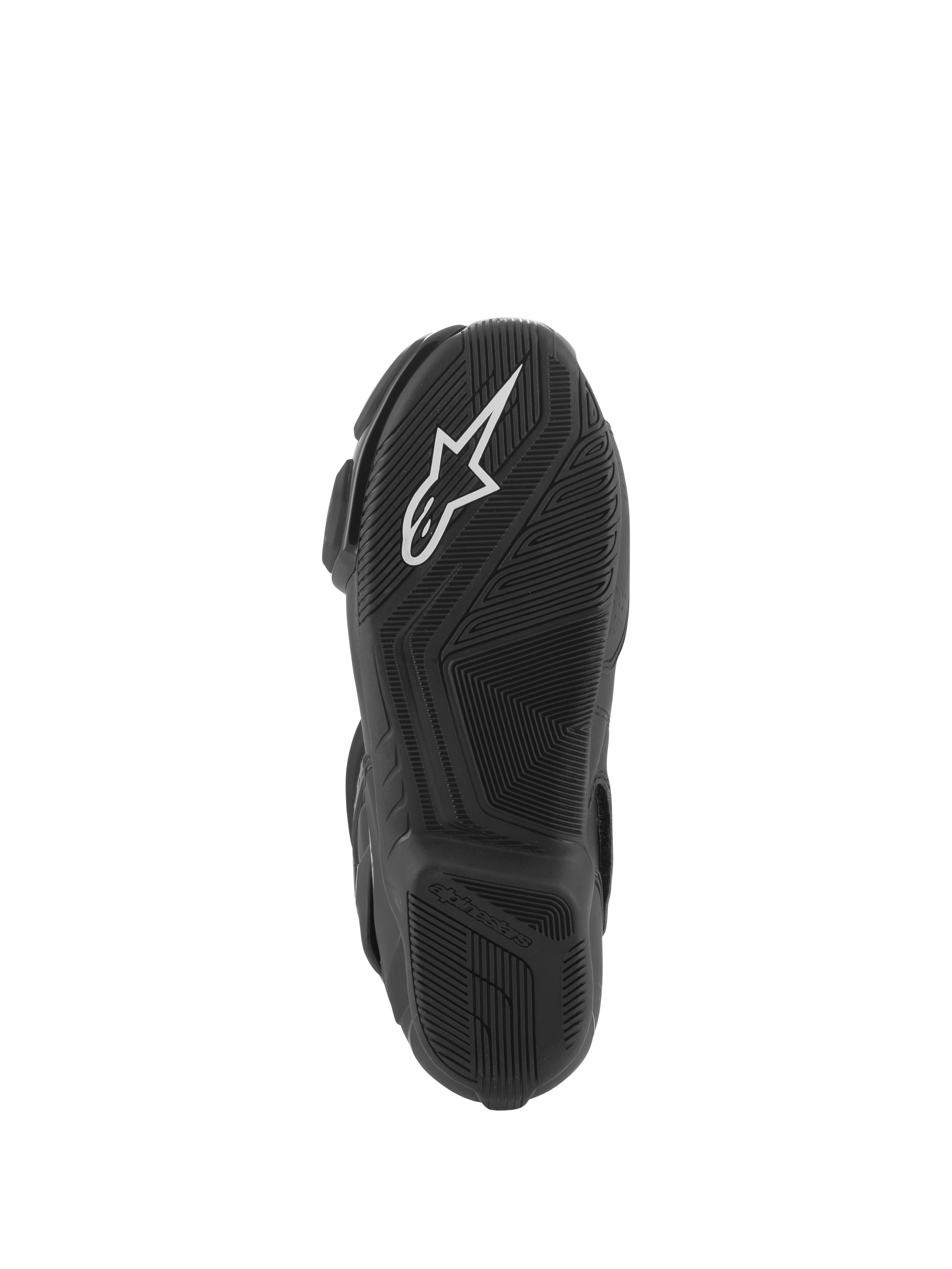 Alpinestars Stella SMX-6 V3 Boots, sole view, black lightweight rubber compound with textured grip, white Alpinestars logo, designed for track and street performance
