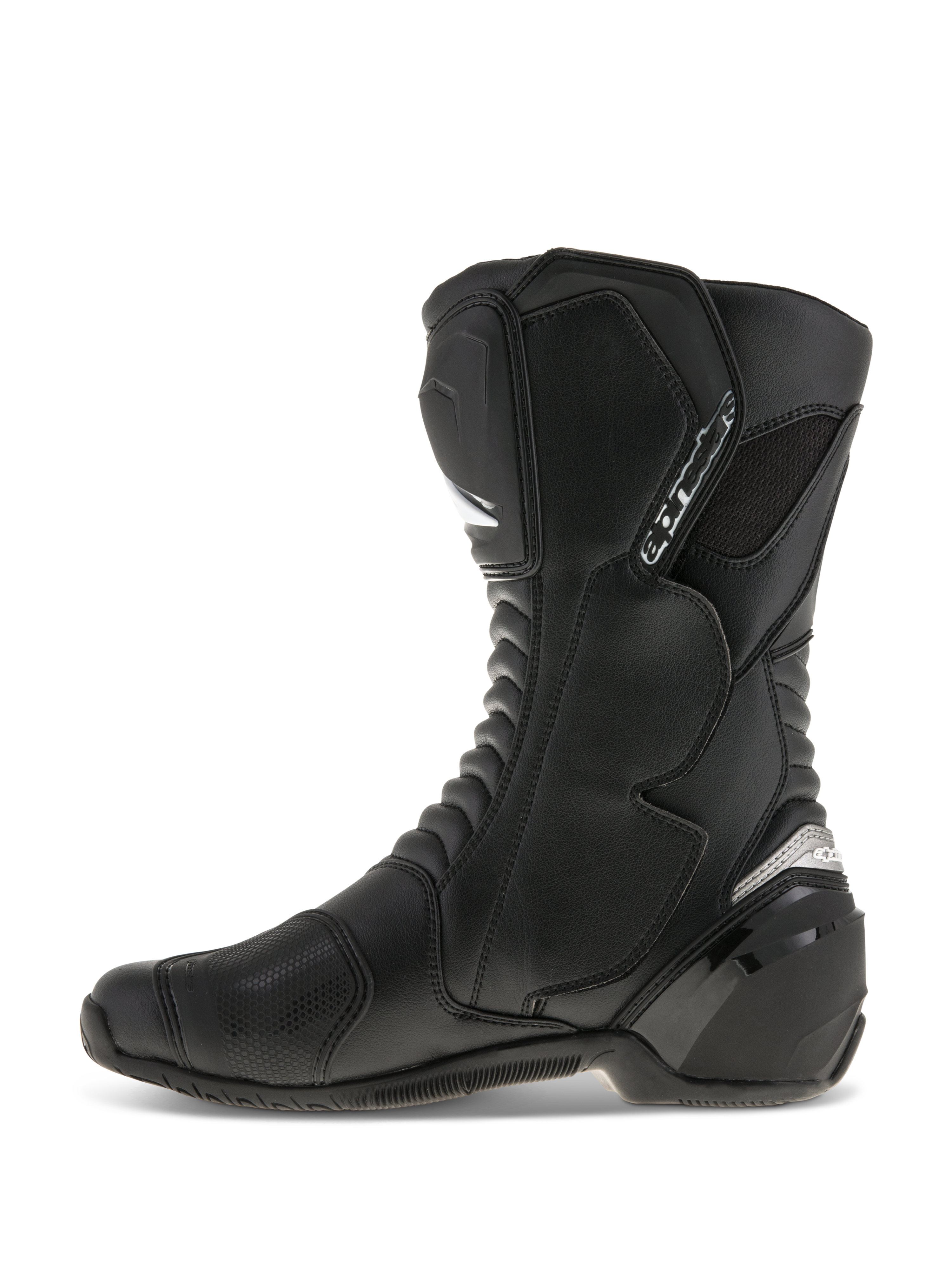 Alpinestars SMX S Boots, Motorcycle Riding Boots, Black on Black, side profile view, featuring durable microfiber upper, PU shin and heel protectors, ergonomic design for sport and road riding