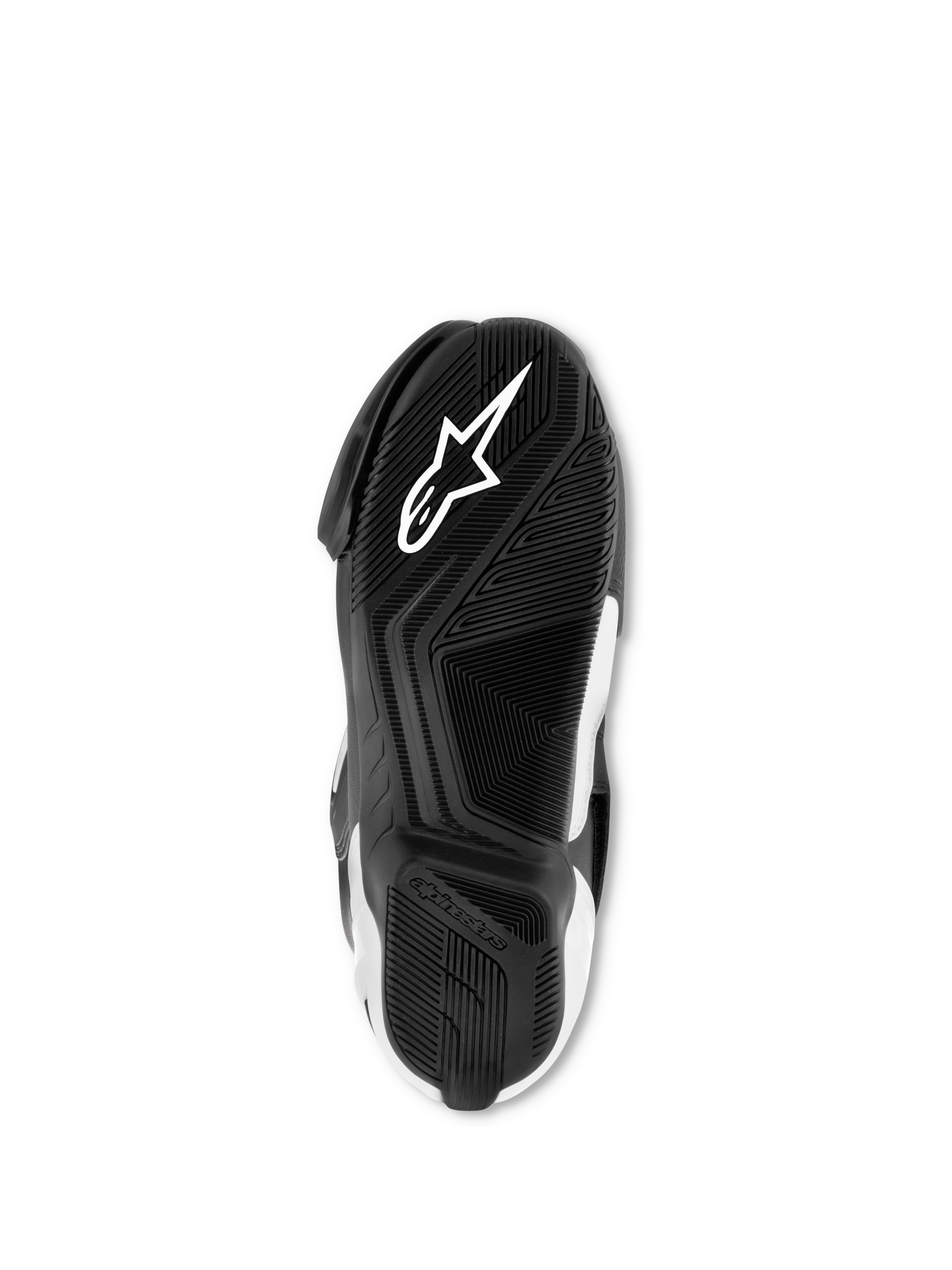 Alpinestars SMX S Boots, Black and White, bottom view of the exclusive compound rubber sole, featuring a white Astar logo and textured grip pattern for traction and support.