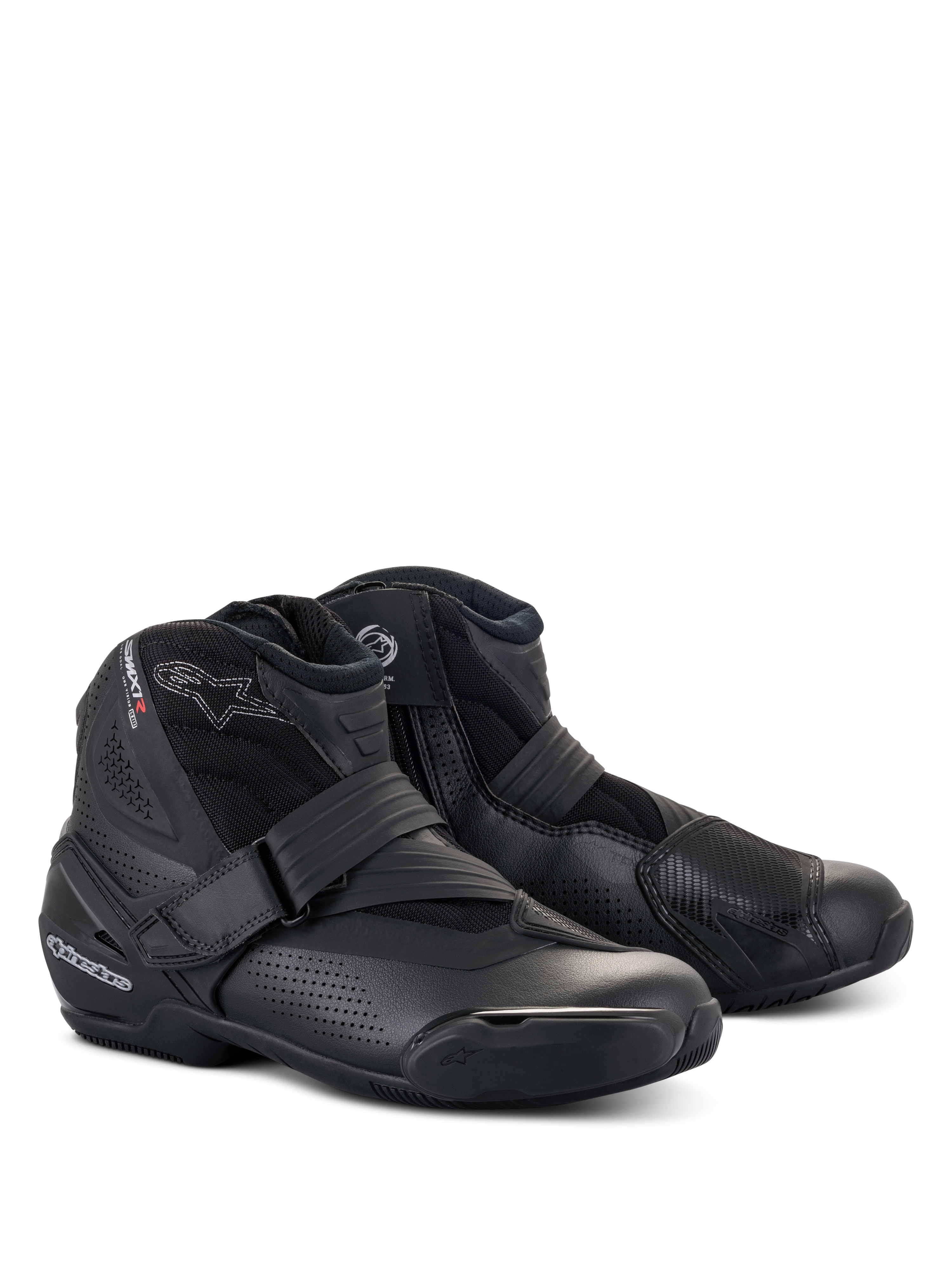 Alpinestars SMX-1 R V2 Vented Boots, low-cut motorcycle riding shoes, all-black design, featuring perforated microfiber upper, TPU heel counter and shift pad, with a secure strap and side zipper closure, three-quarter front view