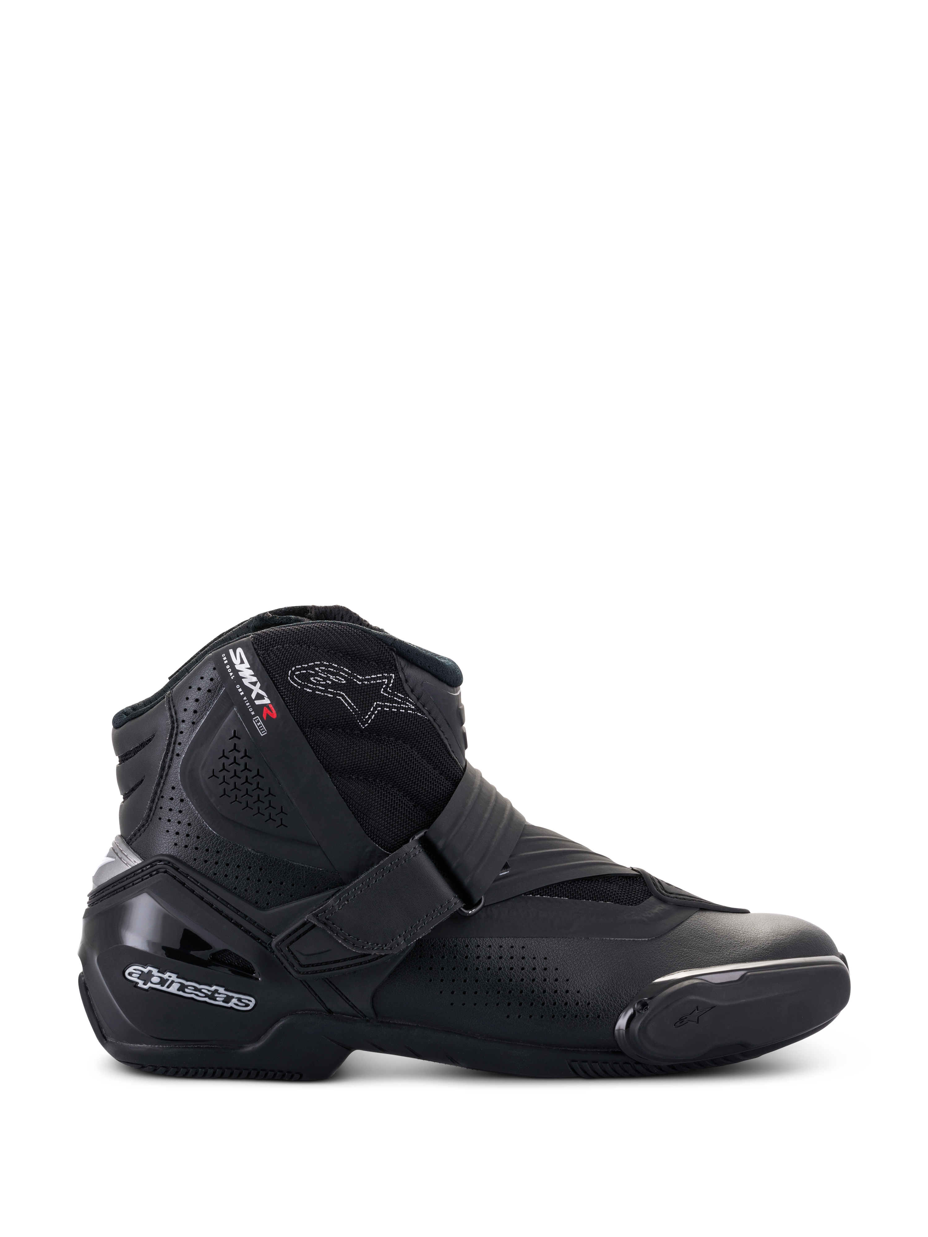 Alpinestars SMX-1 R V2 Vented Boots, low-cut black motorcycle shoes, side profile featuring perforated microfiber panels, TPU heel protection and toe slider, Velcro strap closure, sport road riding footwear