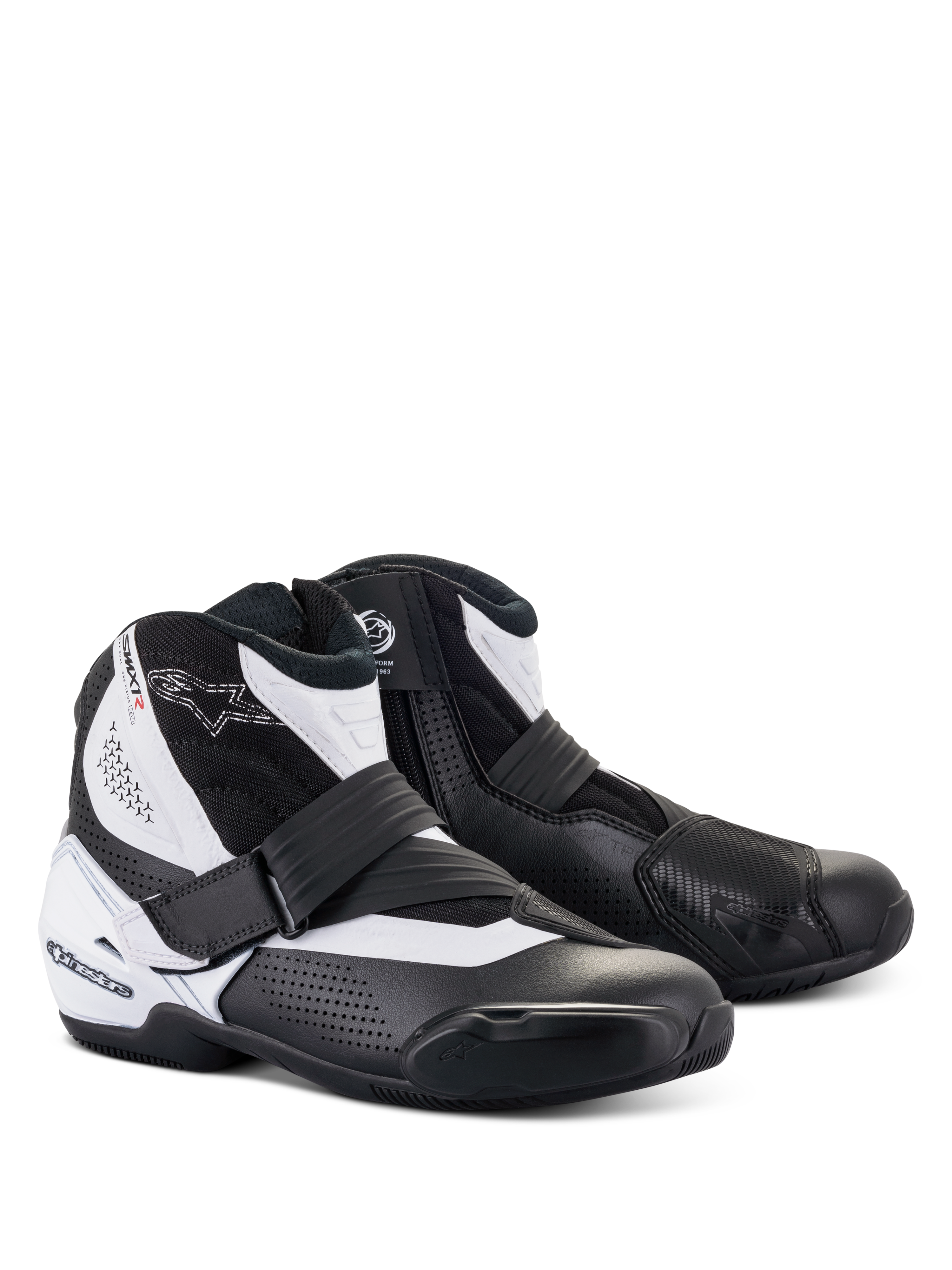 Alpinestars SMX-1 R V2 Vented Boots, low-cut motorcycle riding shoes, Black and White, featuring perforated microfiber upper for ventilation, TPU heel counter and shift pad, side zipper with strap closure, designed for performance road and sport riding