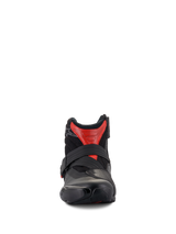 Alpinestars SMX-1 R V2 Vented Boots, low-cut motorcycle riding boots, Black and Red, front perspective showing the secure strap closure and ventilated microfiber upper, performance road gear.