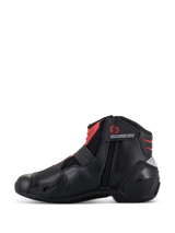 Alpinestars SMX-1 R V2 Vented Boots, Black and Red, low-cut motorcycle riding shoe, side profile showing medial zipper closure, perforated microfiber upper for airflow, red accents on the ankle and tongue, performance footwear for road riding.