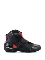 Alpinestars SMX-1 R V2 Vented Boots, low-cut motorcycle riding shoe, Black with Red accents and white logos, perforated microfiber upper for airflow, TPU heel counter and side protection, sporty road performance design.