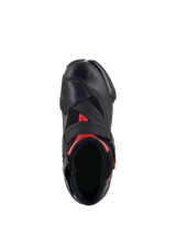 Alpinestars SMX-1 R V2 Vented Boots, Black and Red, top-down view showing the foot opening and upper construction, featuring perforated microfiber, red accents, and a wide Velcro instep strap.