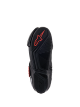 Alpinestars SMX-1 R V2 Vented Boots, Motorcycle Riding Shoe, Black and Red, Bottom view of the rubber compound sole featuring textured grip patterns and a red Astars logo