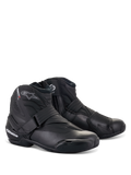 Alpinestars SMX-1 R V2 Boots, Black Low-Cut Motorcycle Riding Boots, featuring white logos with red accents, Velcro strap and side zipper closure, reinforced TPU protection, sleek aerodynamic design for road and sport riding