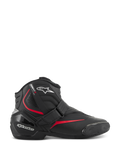 Alpinestars SMX-1 R V2 Boots, low-cut motorcycle performance riding boots, black with red and white accents, featuring a secure Velcro strap closure, reinforced TPU heel counter and ankle protection, accordion flex zones, and a textured rubber sole for sport road riding.
