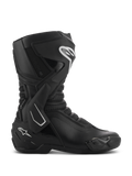 Alpinestars SMX-6 V3 Drystar Boots, Black performance motorcycle riding boots shown from a side profile, featuring white logo accents, TPU lateral ankle brace, reinforced shin plate, and flexible mesh panels.